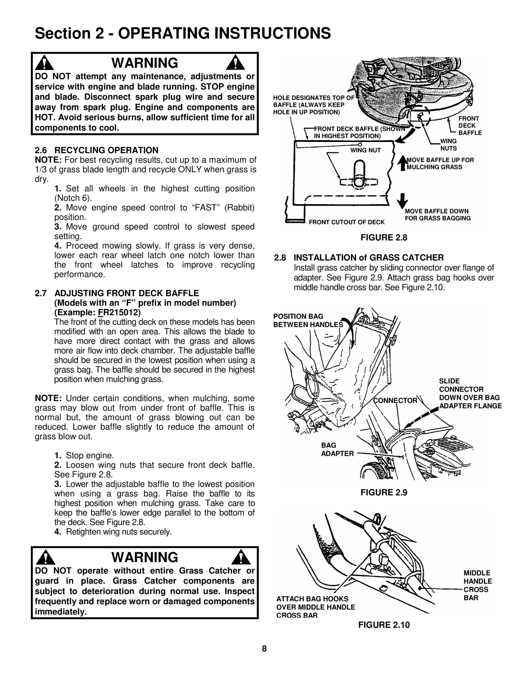 Snapper FRP216016 Recycling Operation, Adjusting Front Deck Baffle, Models with an F prefix in model number 