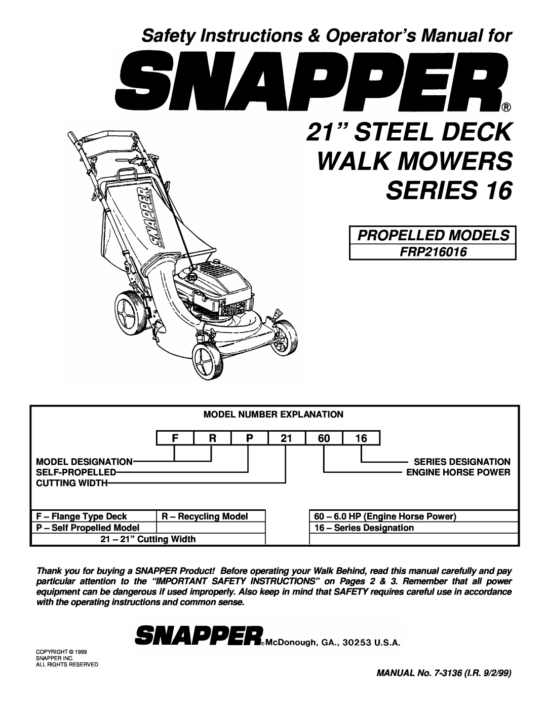 Snapper FRP216016 important safety instructions 21” STEEL DECK WALK MOWERS SERIES, Propelled Models 