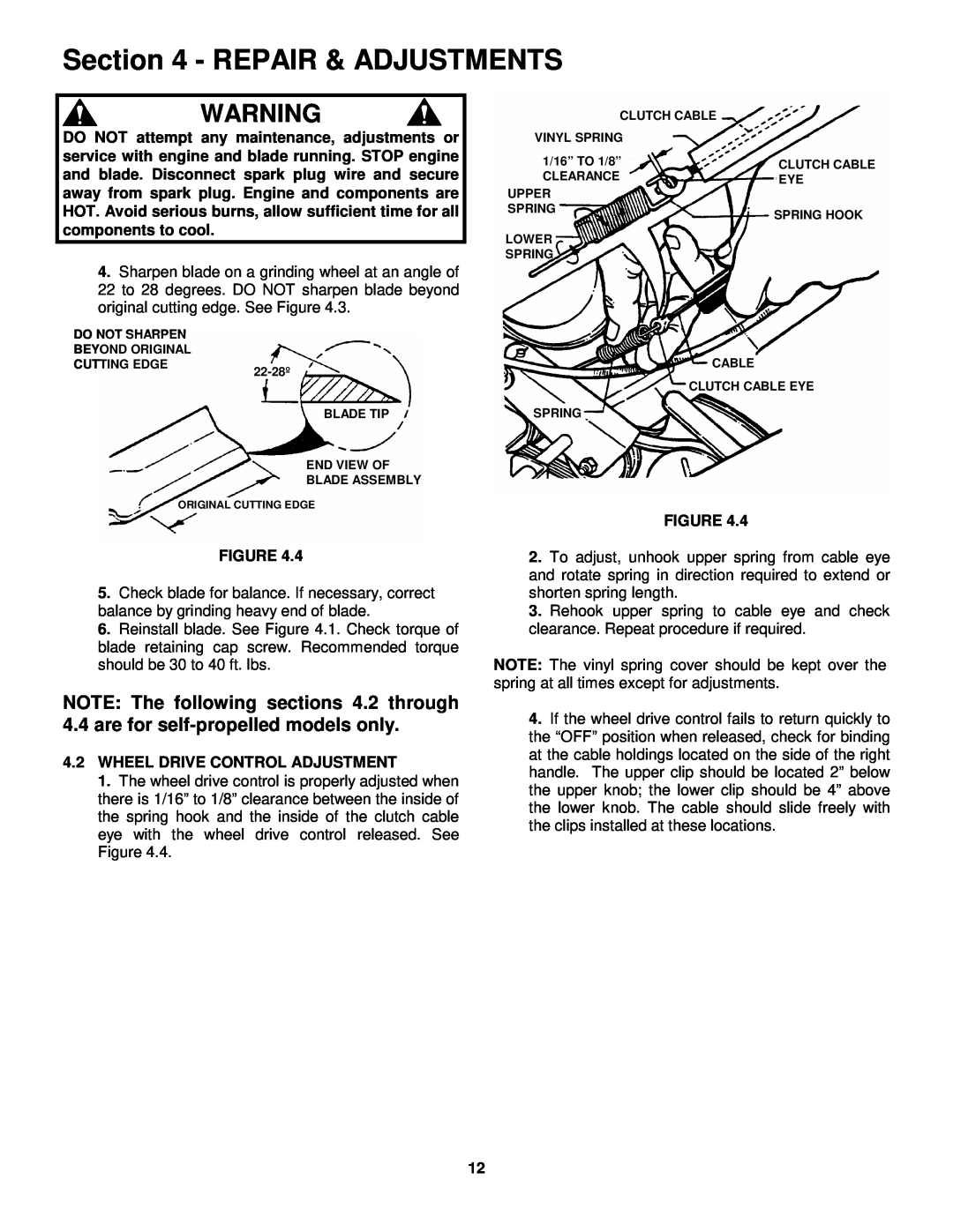 Snapper FRP216016 important safety instructions Repair & Adjustments, 4.2WHEEL DRIVE CONTROL ADJUSTMENT 