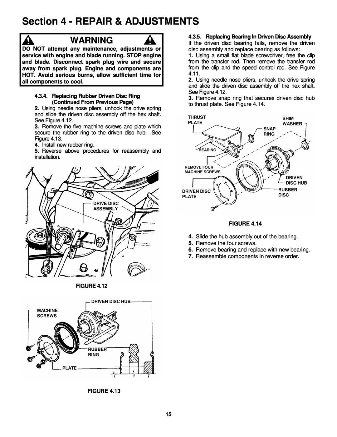 Snapper FRP216016 important safety instructions Repair & Adjustments 