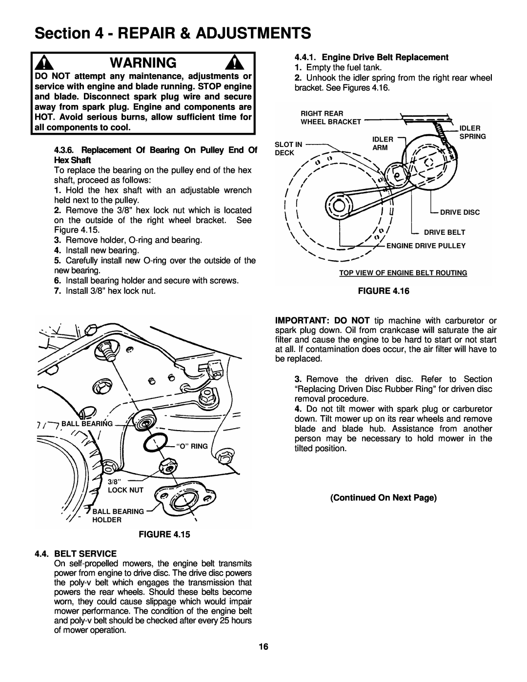 Snapper FRP216016 important safety instructions Repair & Adjustments, Replacement Of Bearing On Pulley End Of 