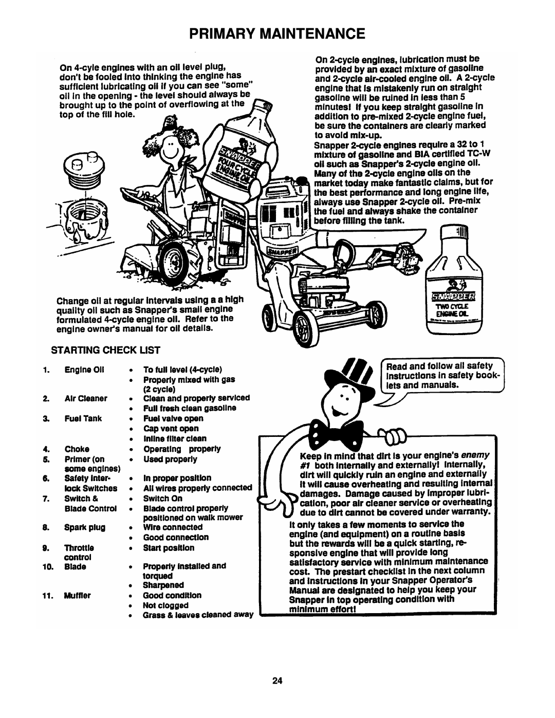 Snapper FRP216016 important safety instructions Primary Maintenance 