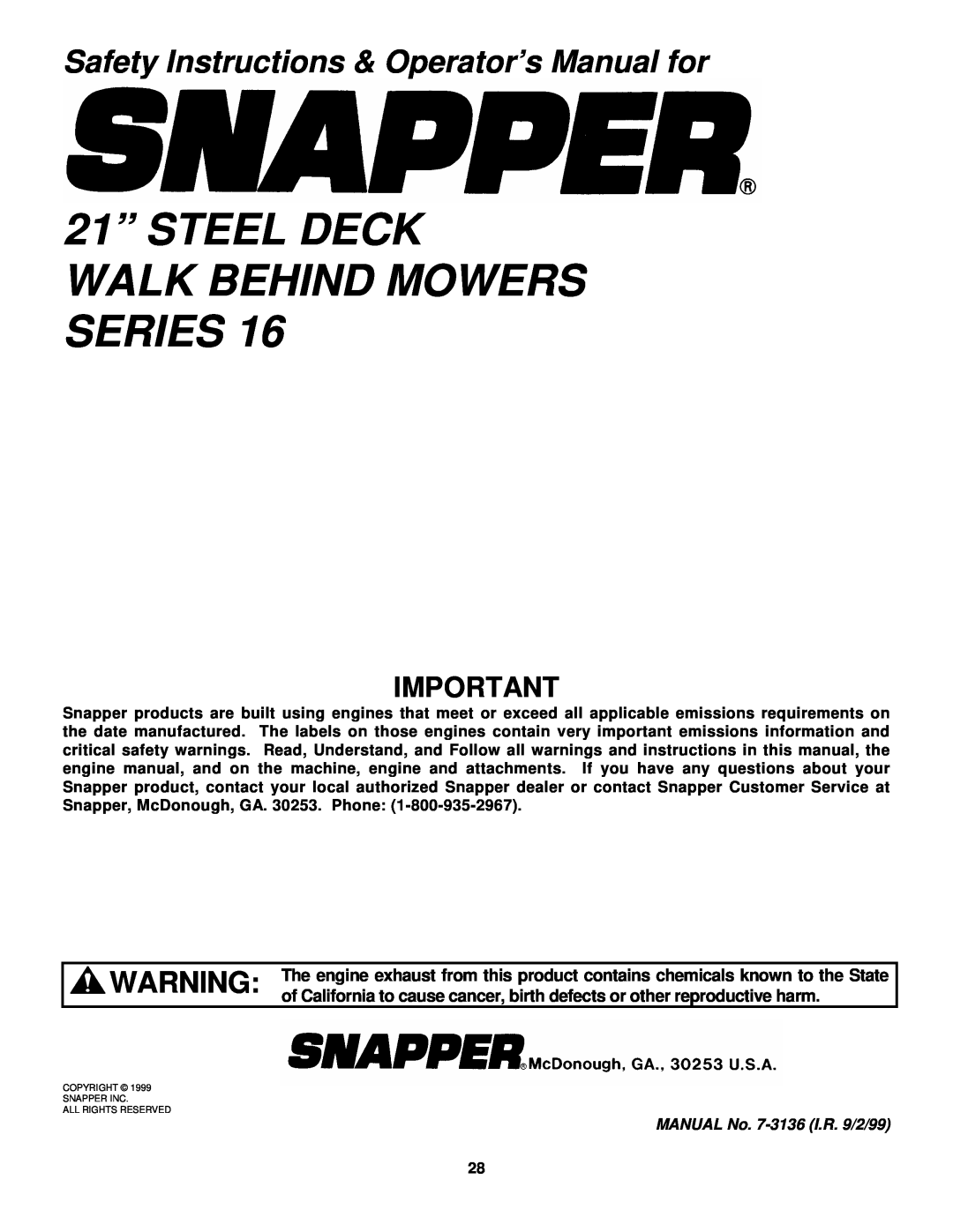 Snapper FRP216016 21” STEEL DECK WALK BEHIND MOWERS SERIES, Safety Instructions & Operator’s Manual for 