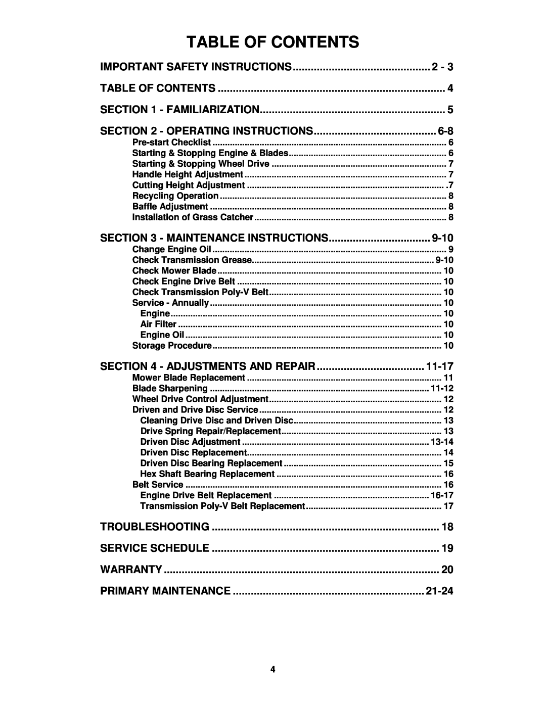 Snapper FRP216016 important safety instructions Table Of Contents 