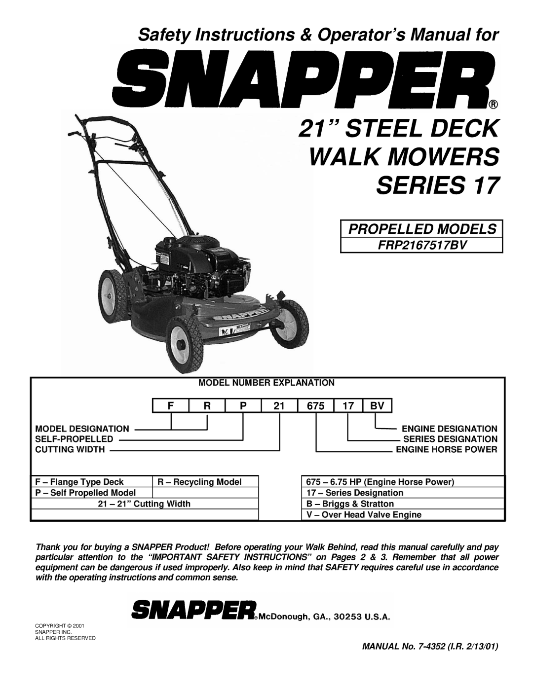 Snapper FRP2167517BV important safety instructions Model Number Explanation 