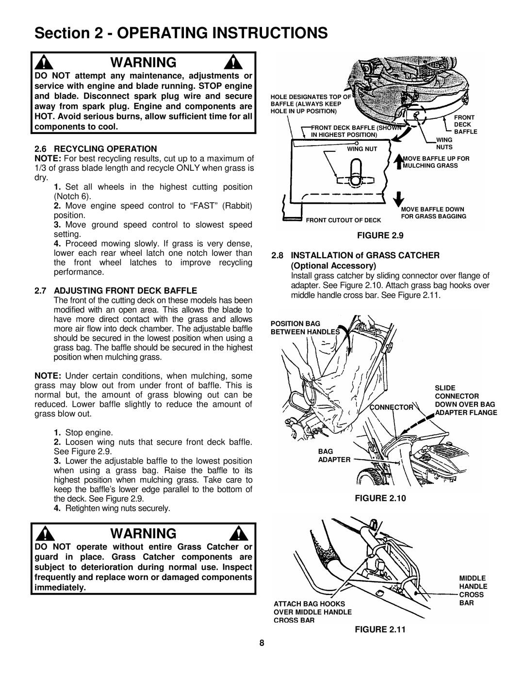 Snapper FRP2167517BV Recycling Operation, Adjusting Front Deck Baffle, Installation of Grass Catcher Optional Accessory 