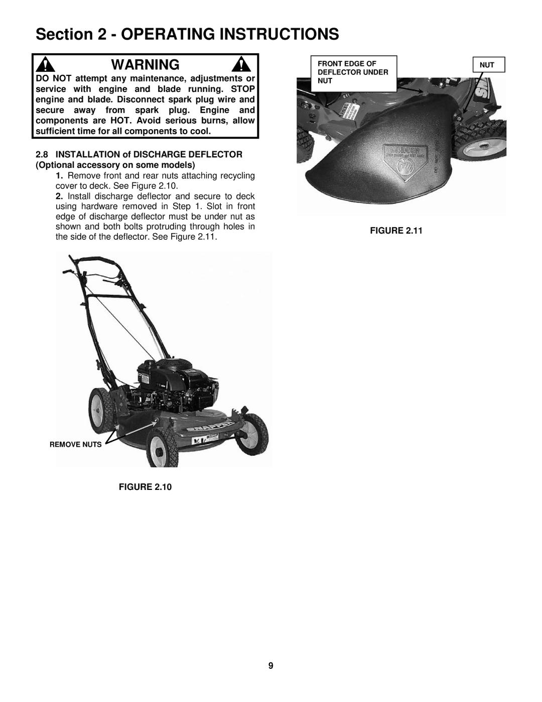 Snapper FRP2167517BV important safety instructions Front Edge Deflector Under NUT Remove Nuts 