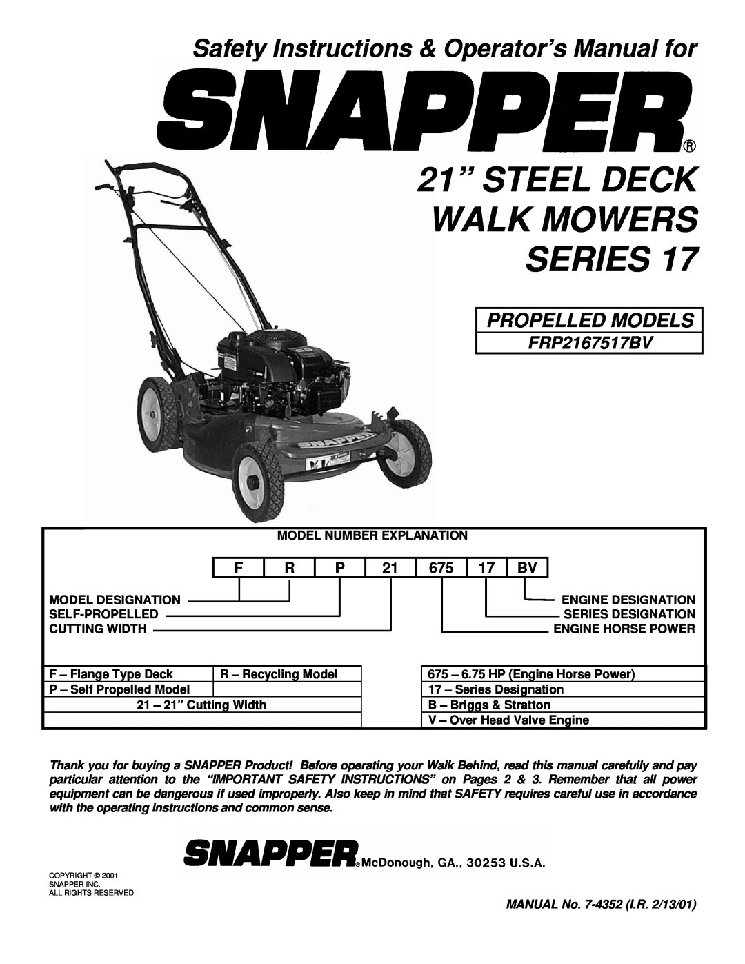 Snapper FRP2167517BV important safety instructions 21” STEEL DECK WALK MOWERS SERIES, Propelled Models 