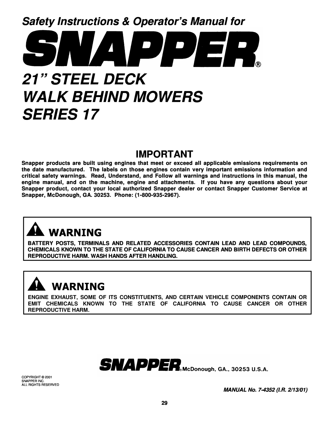 Snapper FRP2167517BV 21” STEEL DECK WALK BEHIND MOWERS SERIES, Safety Instructions & Operator’s Manual for 