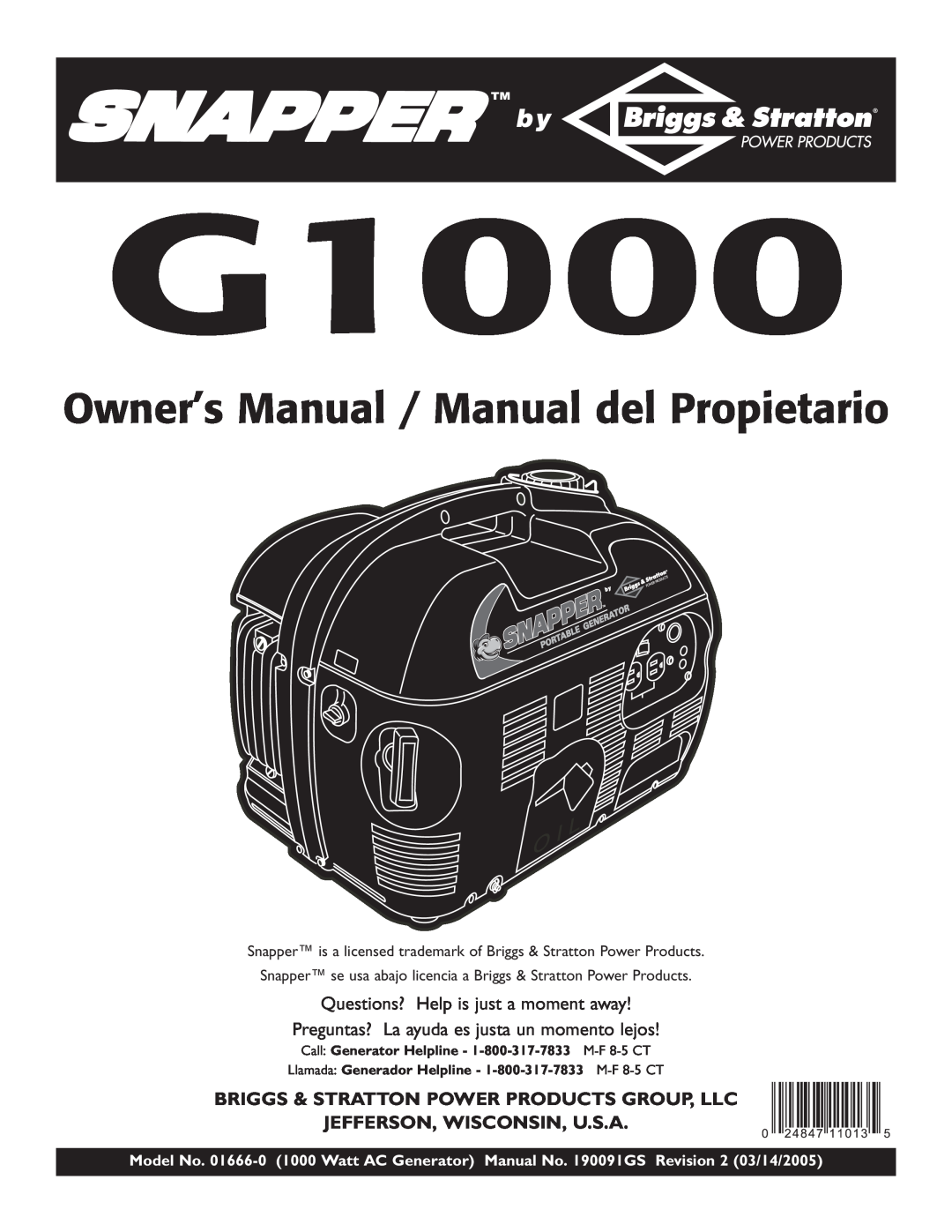 Snapper G1000 owner manual Briggs & Stratton Power Products Group, Llc, Jefferson, Wisconsin, U.S.A 