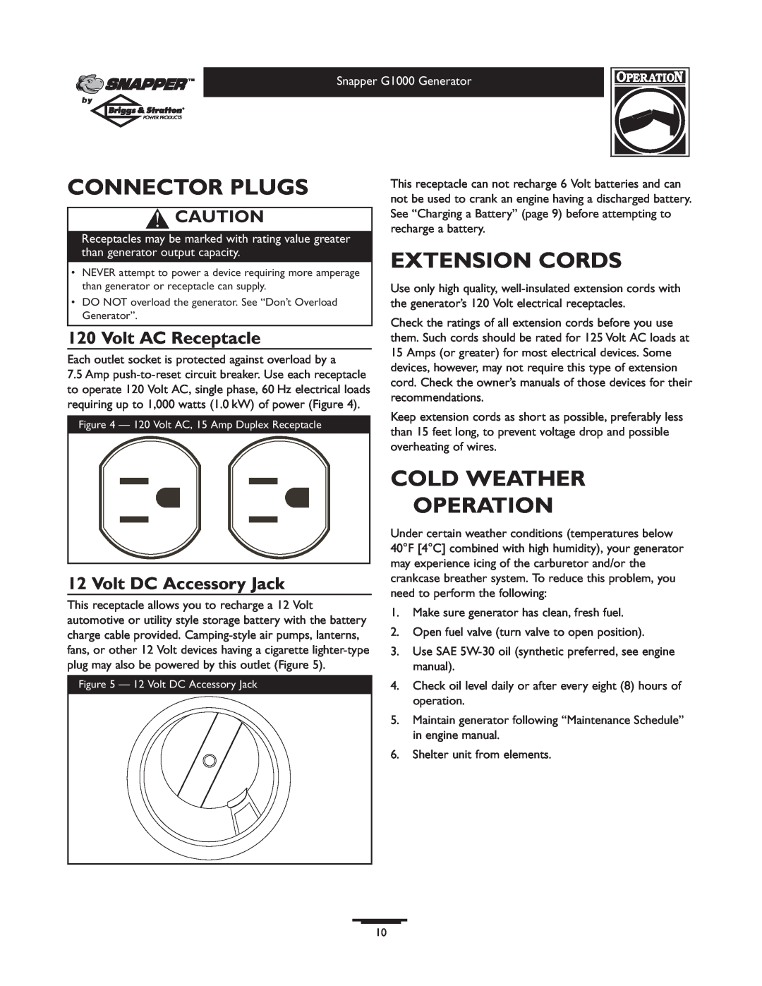 Snapper G1000 Connector Plugs, Extension Cords, Cold Weather Operation, Volt AC Receptacle, Volt DC Accessory Jack 