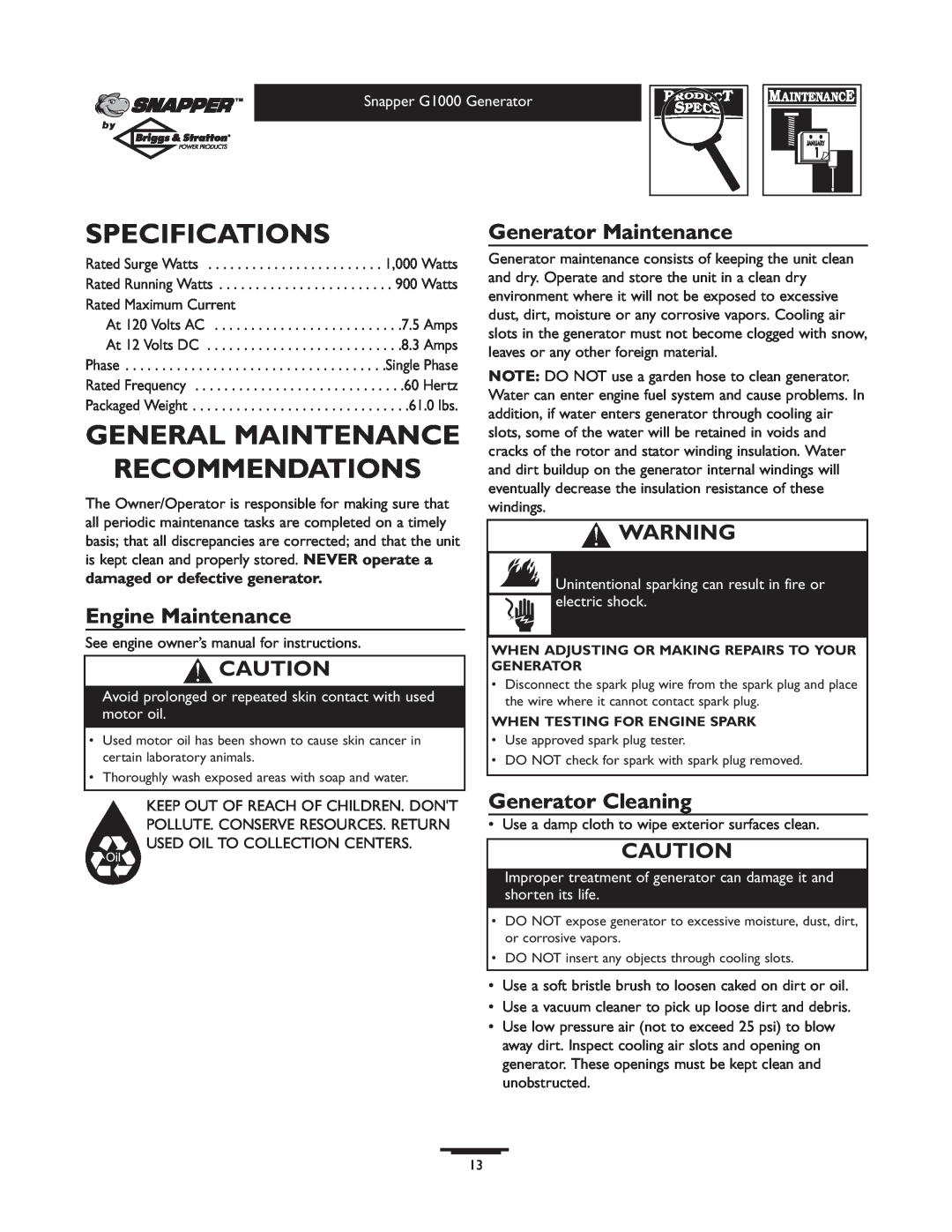Snapper G1000 owner manual Specifications, General Maintenance Recommendations, Engine Maintenance, Generator Maintenance 
