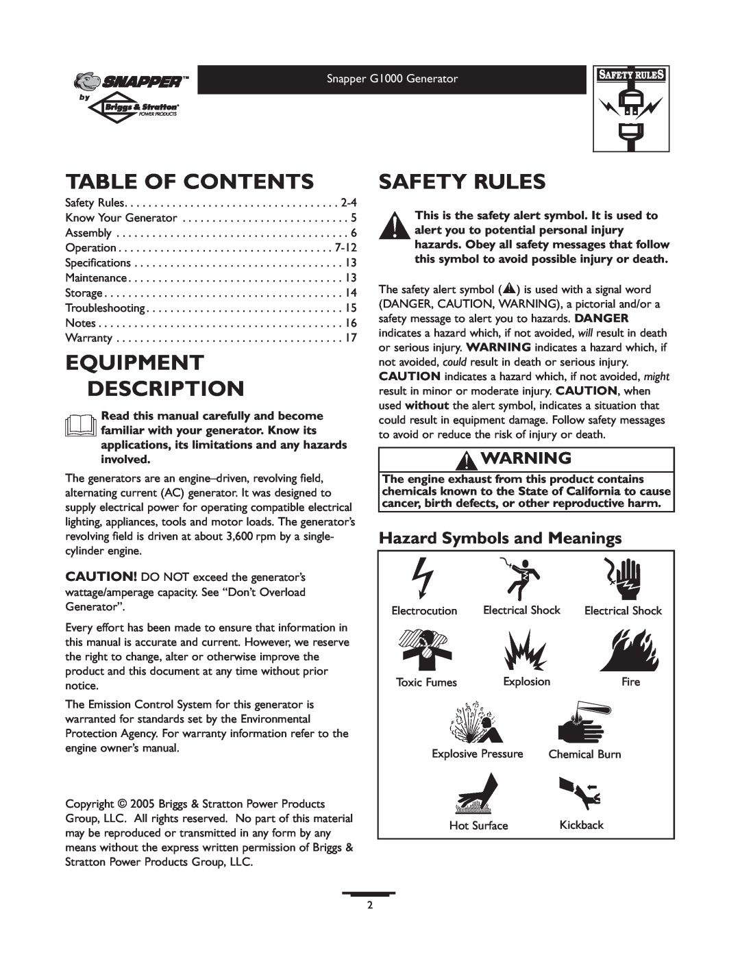 Snapper Table Of Contents, Equipment Description, Safety Rules, Hazard Symbols and Meanings, Snapper G1000 Generator 