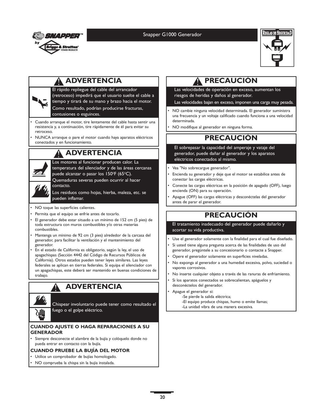 Snapper Precaución, Advertencia, Snapper G1000 Generador, Quemaduras severas pueden ocurrir al hacer contacto 