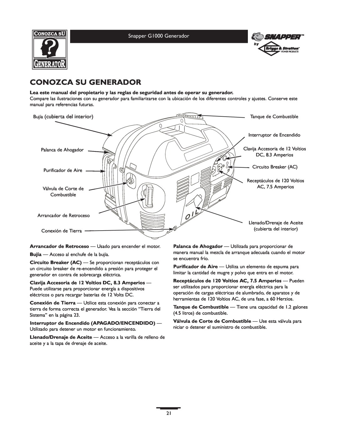 Snapper owner manual Conozca Su Generador, Snapper G1000 Generador, Bujía cubierta del interior 