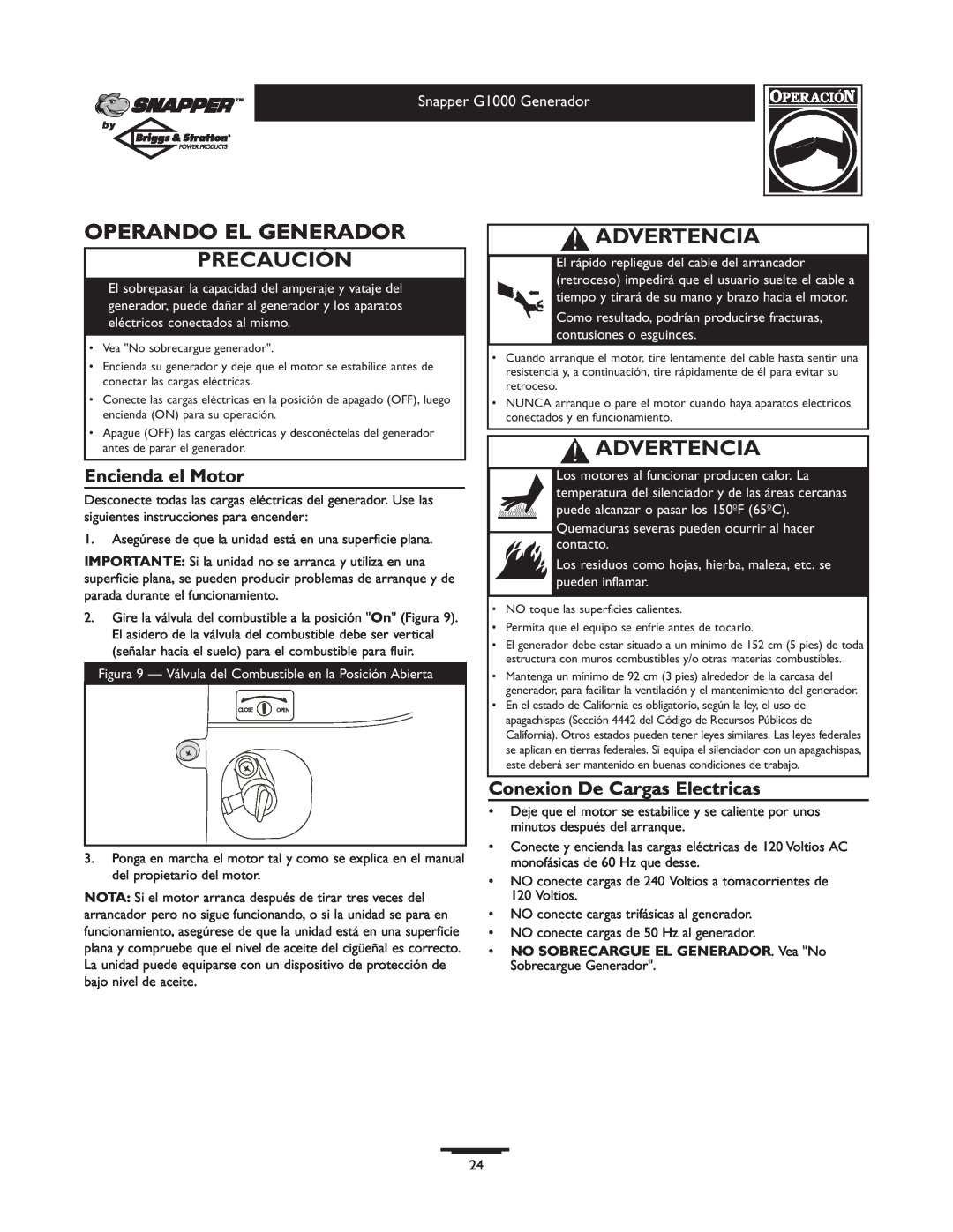 Snapper G1000 owner manual Operando El Generador Precaución, Encienda el Motor, Conexion De Cargas Electricas, Advertencia 