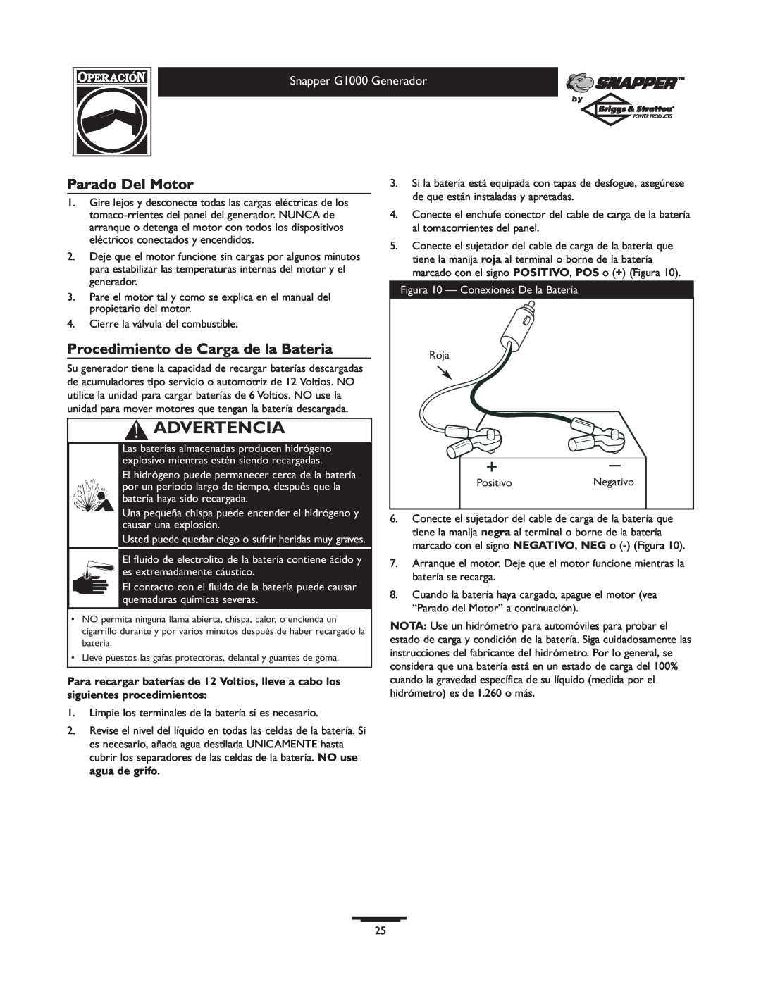 Snapper owner manual Parado Del Motor, Procedimiento de Carga de la Bateria, Advertencia, Snapper G1000 Generador 