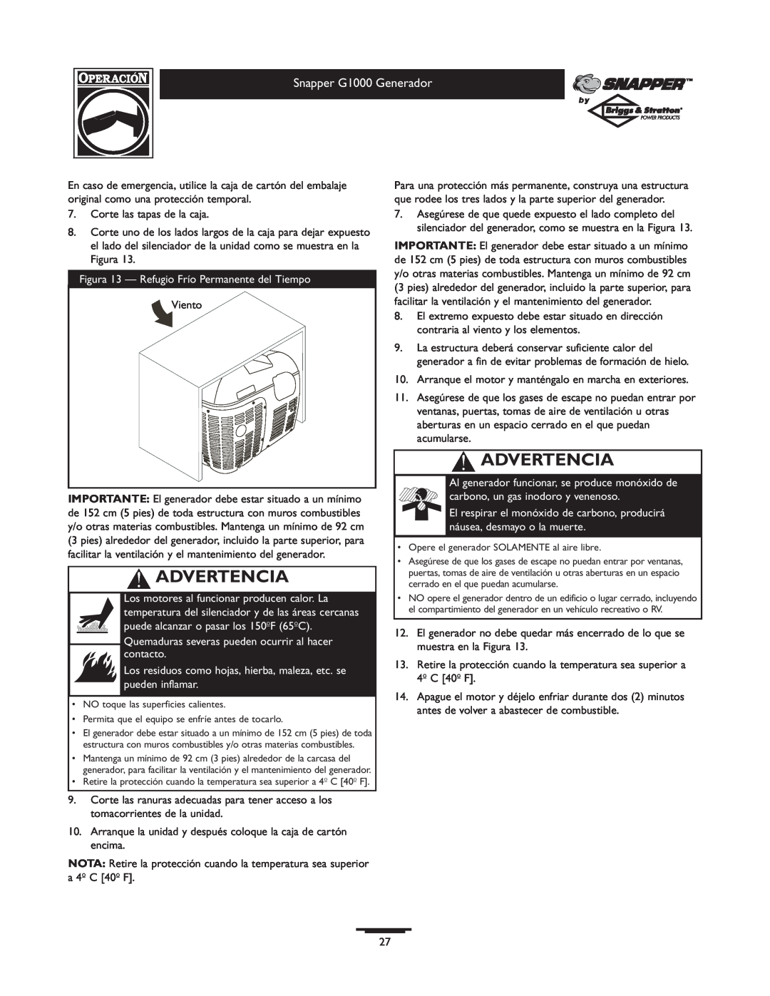 Snapper owner manual Advertencia, Snapper G1000 Generador, Figura 13 - Refugio Frío Permanente del Tiempo 