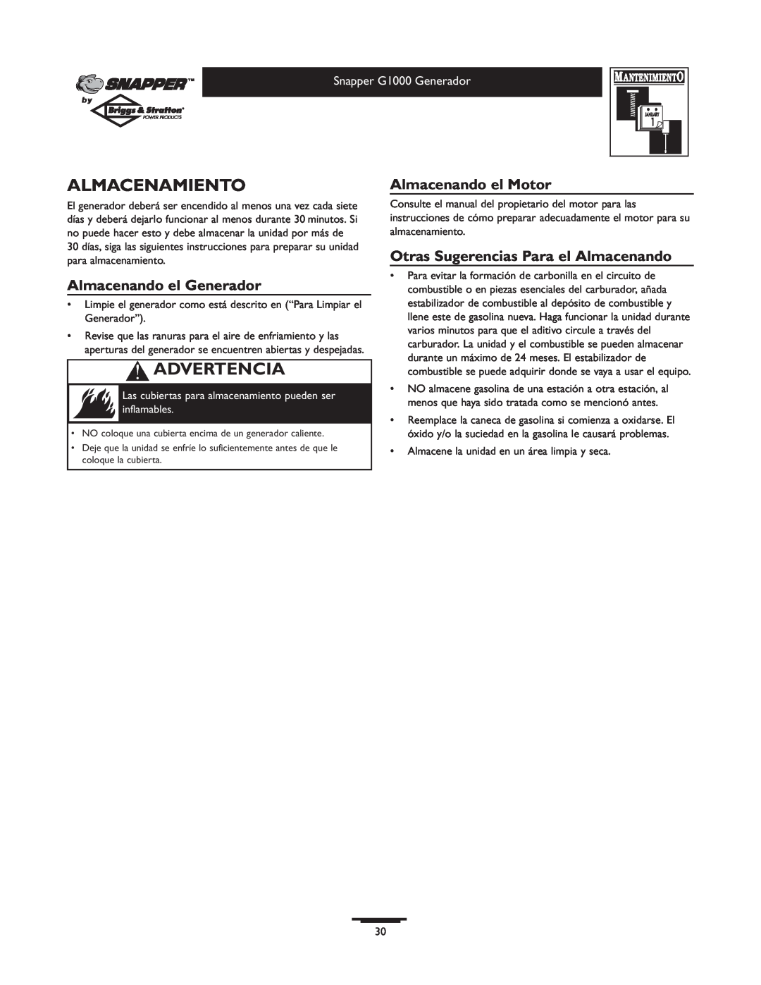 Snapper G1000 Almacenamiento, Almacenando el Generador, Almacenando el Motor, Otras Sugerencias Para el Almacenando 