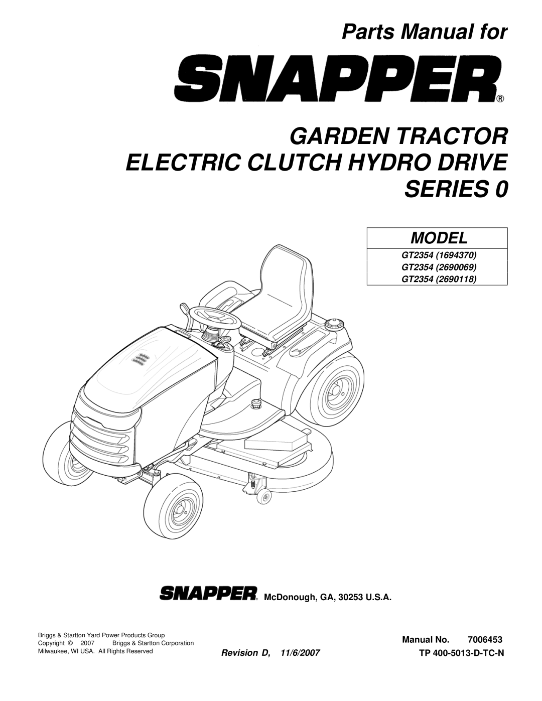 Snapper GT2354 (2690118), GT2354 (2690069), GT2354 (1694370) manual Garden Tractor Electric Clutch Hydro Drive Series 