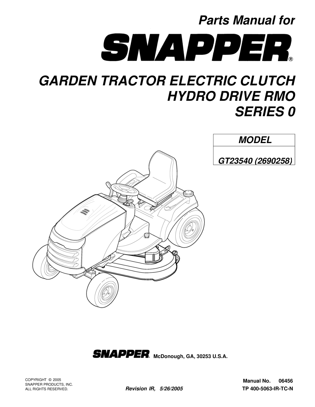 Snapper GT23540 manual Garden Tractor Electric Clutch Hydro Drive RMO Series 