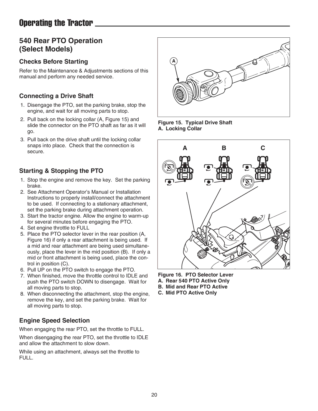 Snapper GT600 Rear PTO Operation Select Models, Checks Before Starting, Connecting a Drive Shaft, Engine Speed Selection 