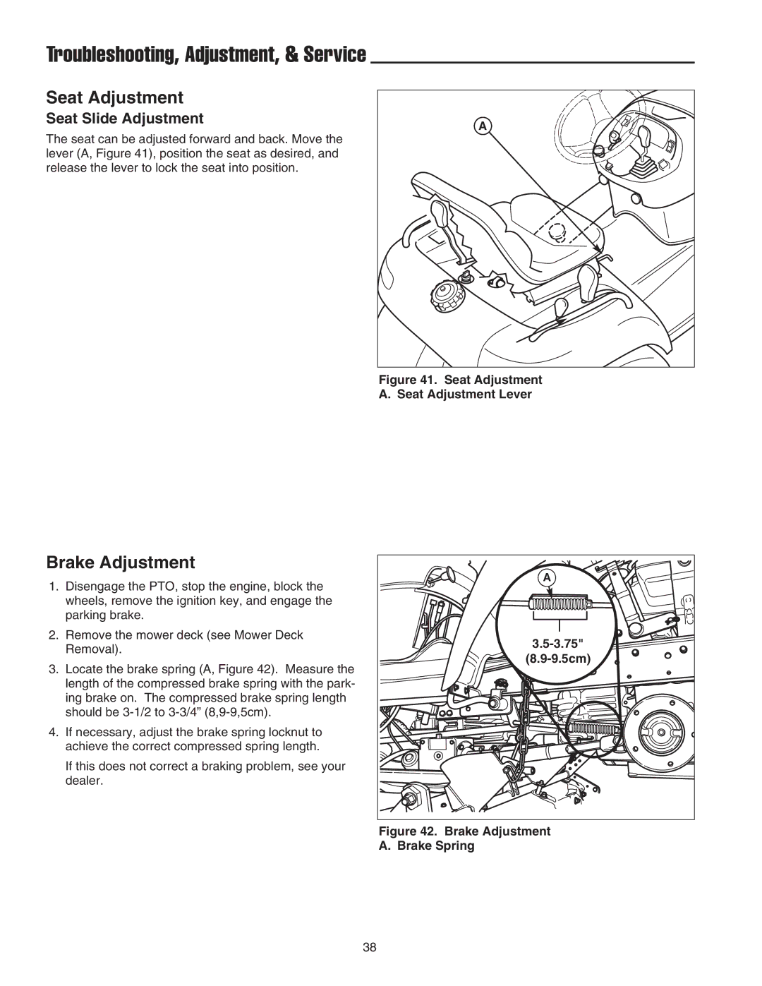 Snapper GT600 manual Troubleshooting, Adjustment, & Service, Seat Adjustment, Brake Adjustment, Seat Slide Adjustment 