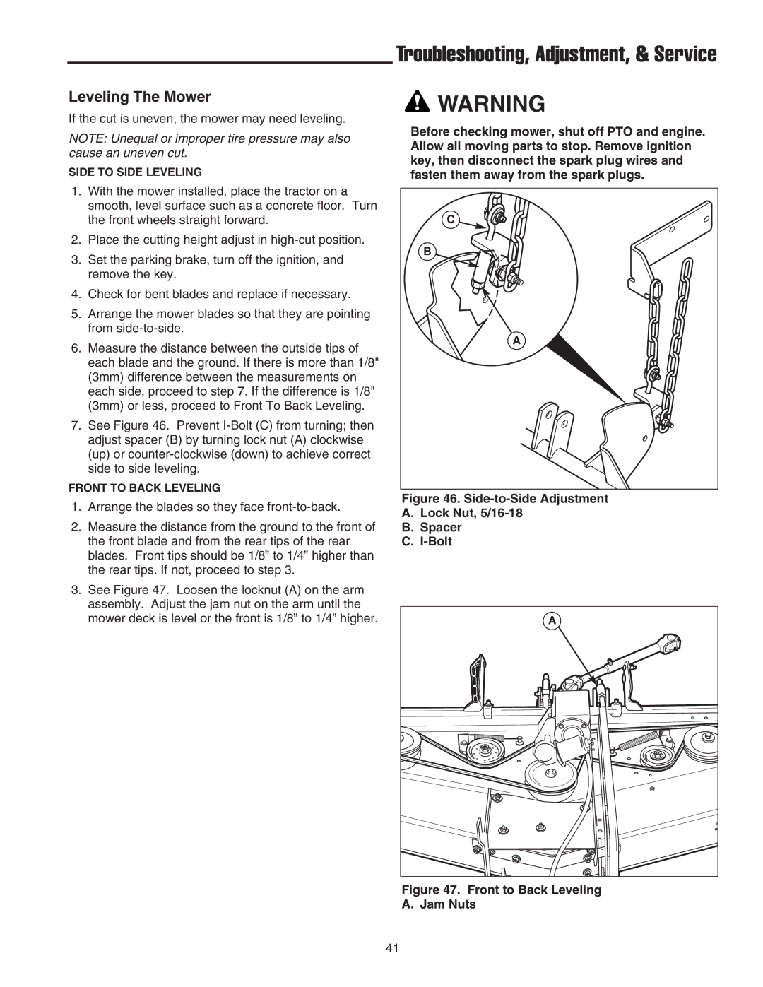 Snapper GT600 manual Leveling The Mower, Side-to-Side Adjustment Lock Nut, 5/16-18 Spacer Bolt 