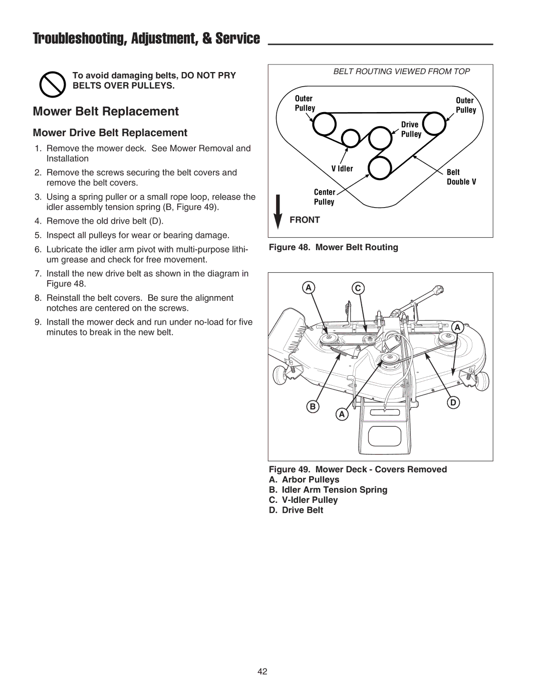 Snapper GT600 manual Mower Belt Replacement, Mower Drive Belt Replacement, To avoid damaging belts, do not PRY 