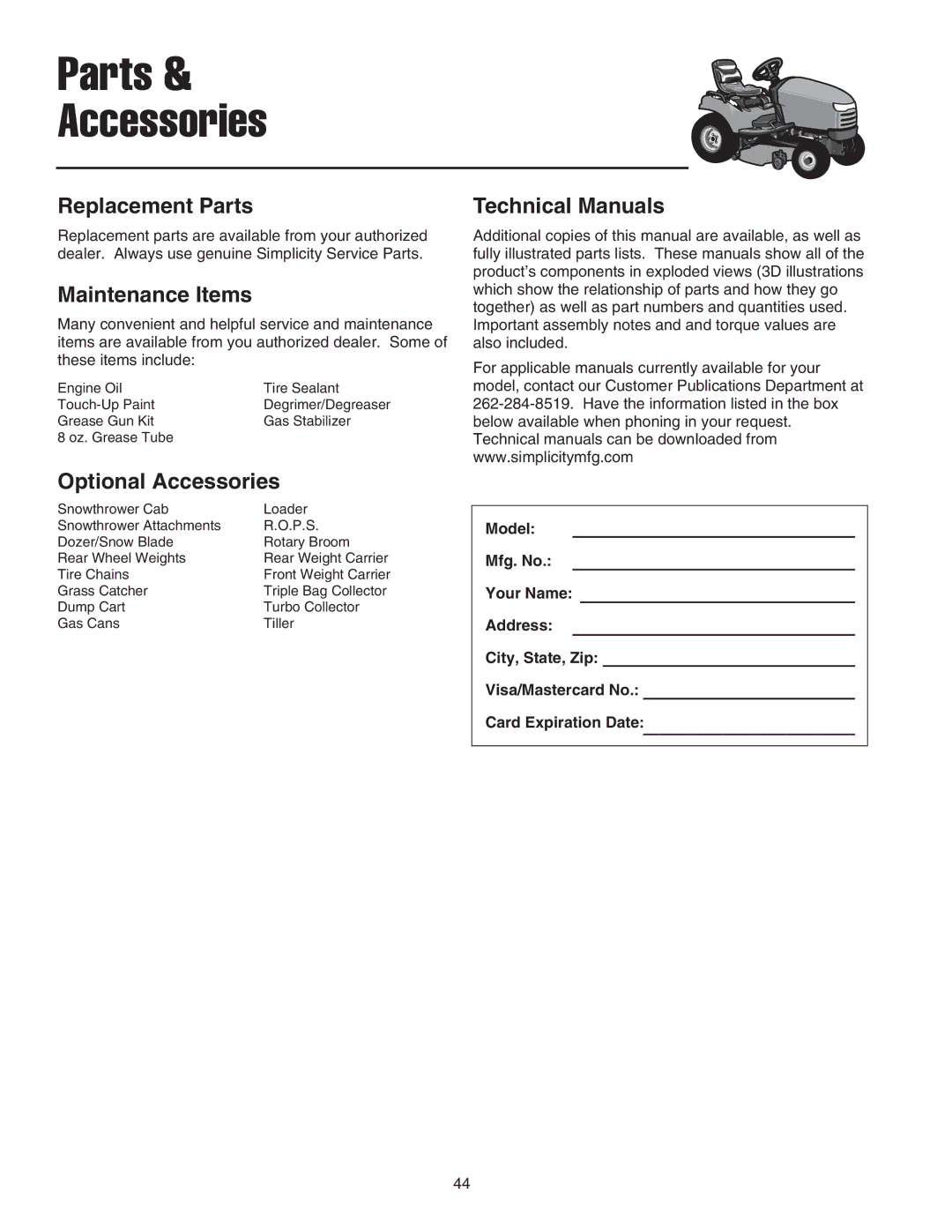 Snapper GT600 manual Replacement Parts, Maintenance Items, Technical Manuals, Optional Accessories 