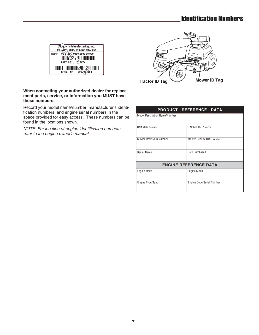 Snapper GT600 manual Identification Numbers, Tractor ID Tag 