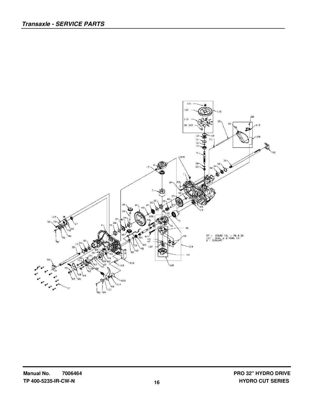 Snapper HC32KAV13E manual Transaxle Service Parts 