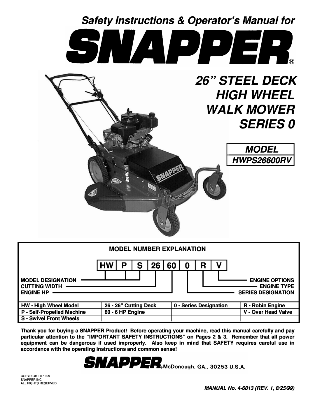 Snapper HWPS26600RV important safety instructions Safety Instructions & Operator’s Manual for, Model 