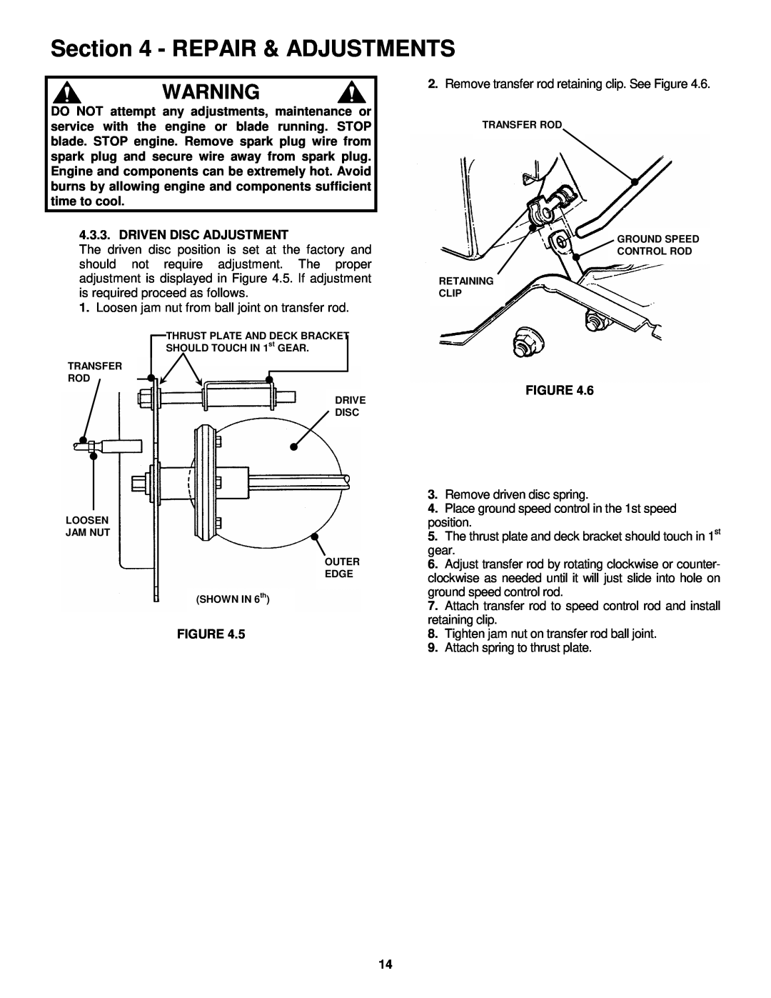 Snapper HWPS26600RV important safety instructions Repair & Adjustments, Loosen jam nut from ball joint on transfer rod 
