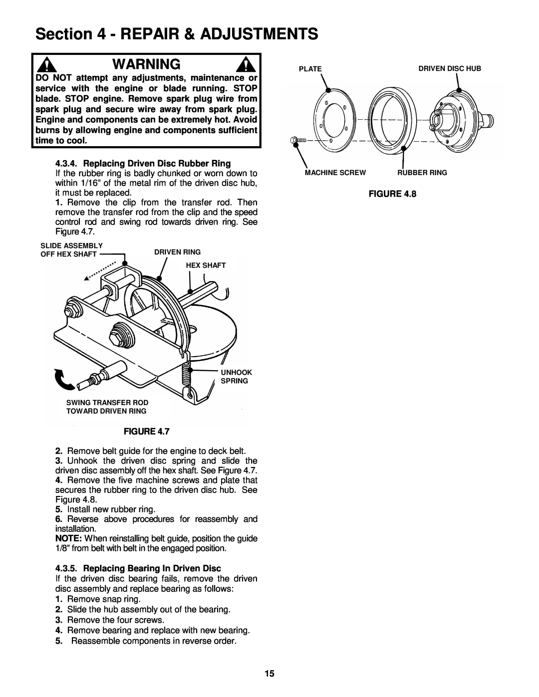 Snapper HWPS26600RV important safety instructions Repair & Adjustments, Remove belt guide for the engine to deck belt 