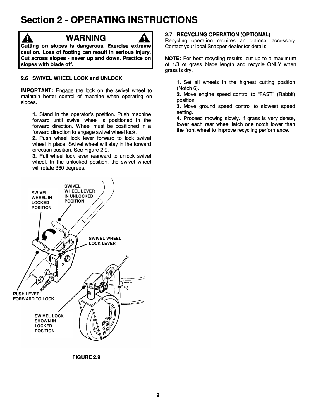 Snapper HWPS26600RV Operating Instructions, SWIVEL WHEEL LOCK and UNLOCK, Recycling Operation Optional 