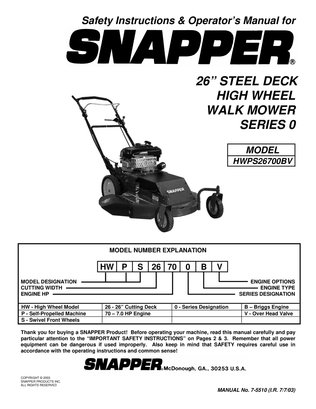 Snapper HWPS26700BV important safety instructions Steel Deck High Wheel Walk Mower Series 