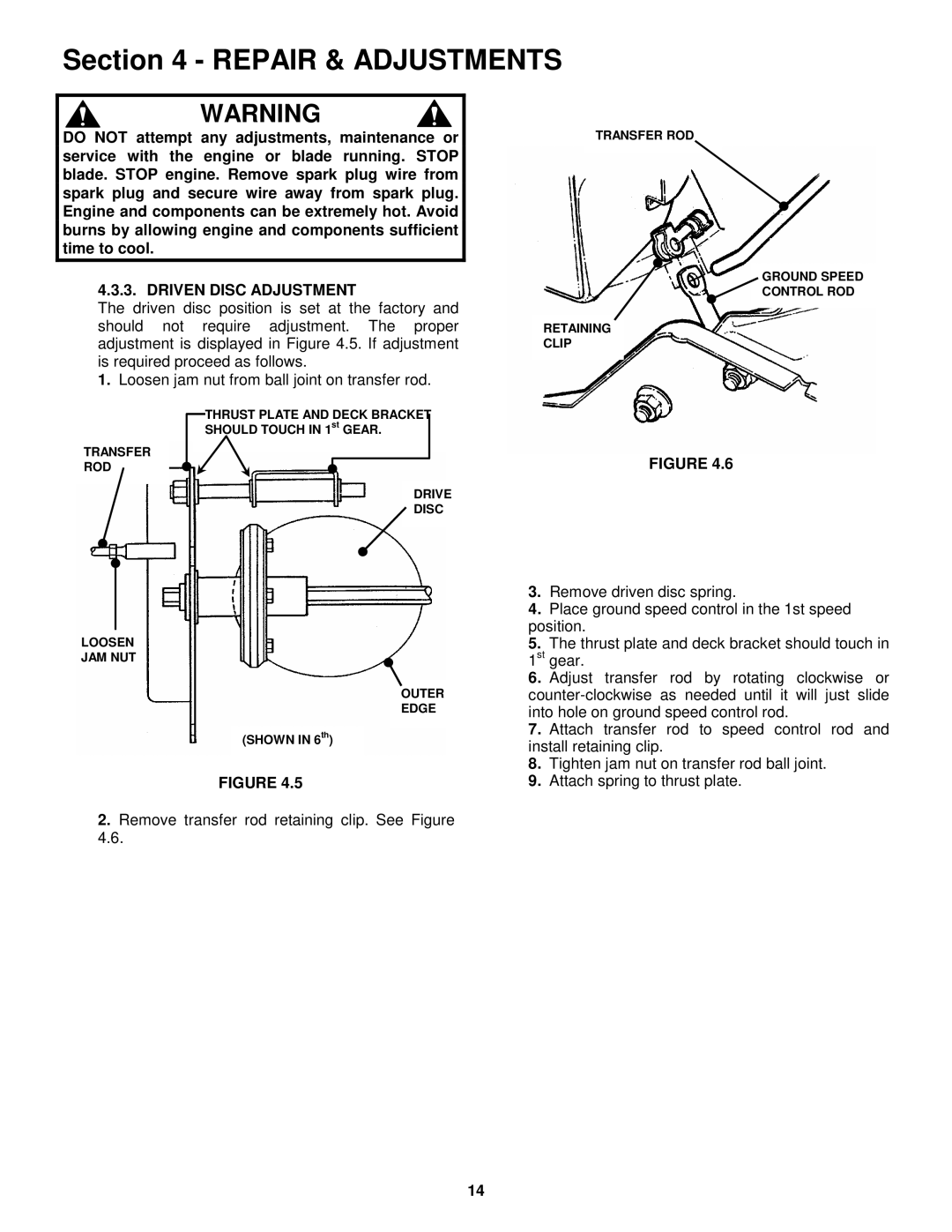 Snapper HWPS26700BV important safety instructions Driven Disc Adjustment 