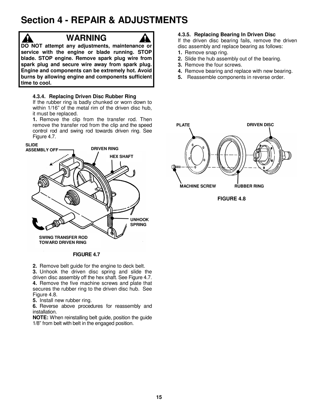 Snapper HWPS26700BV important safety instructions Replacing Bearing In Driven Disc 