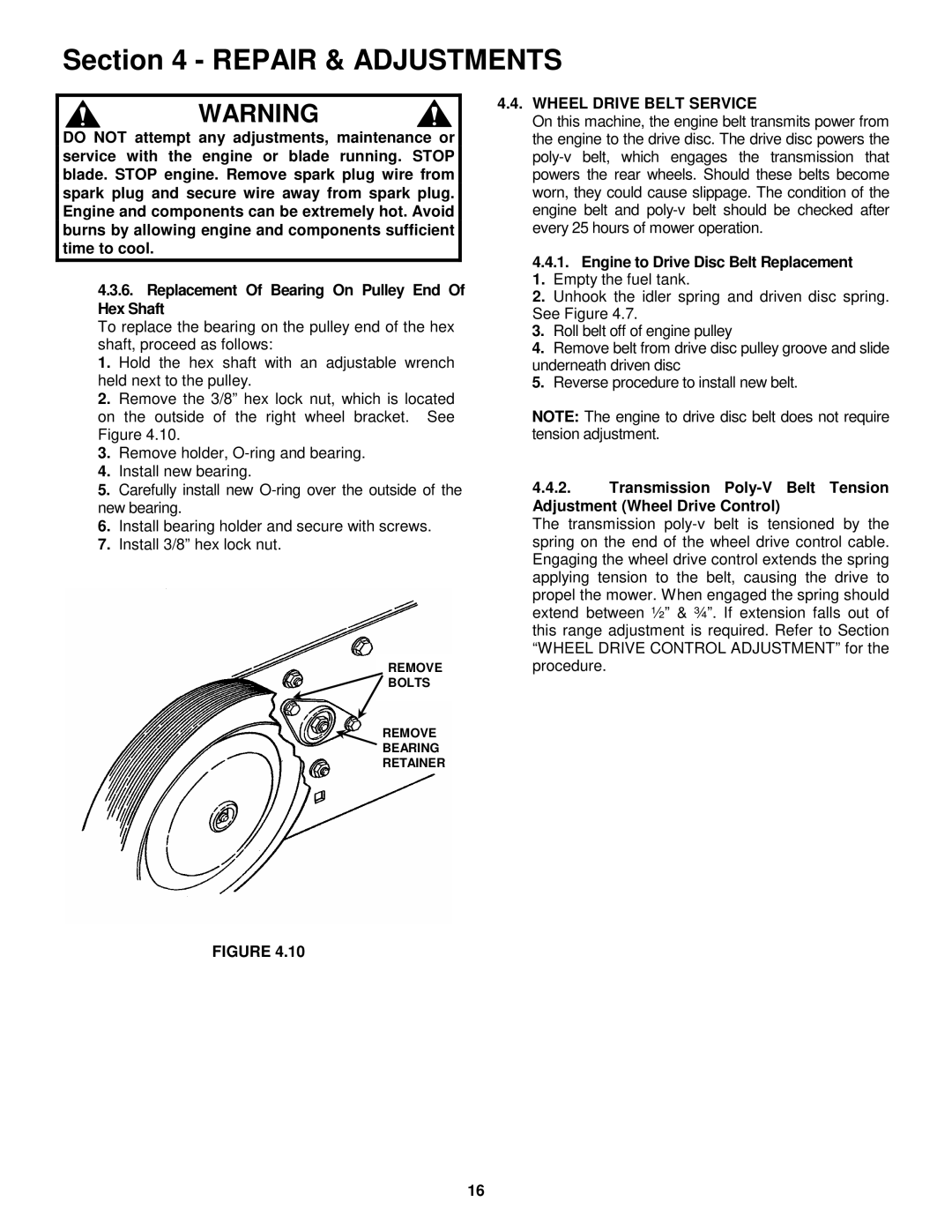 Snapper HWPS26700BV important safety instructions Wheel Drive Belt Service, Engine to Drive Disc Belt Replacement 