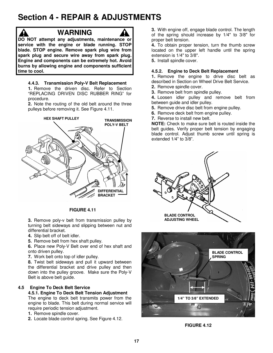 Snapper HWPS26700BV important safety instructions Engine to Deck Belt Replacement 