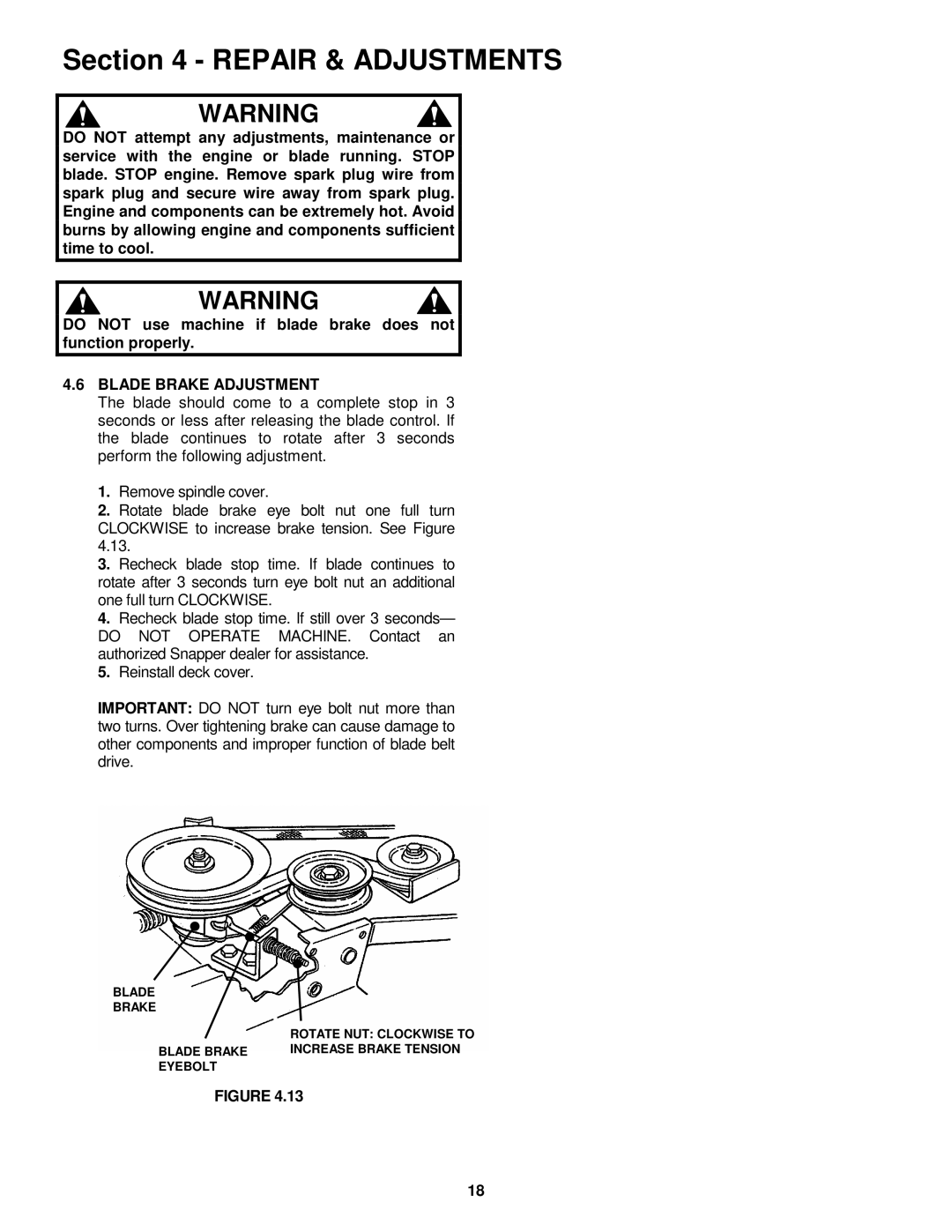 Snapper HWPS26700BV important safety instructions Blade Brake Adjustment 