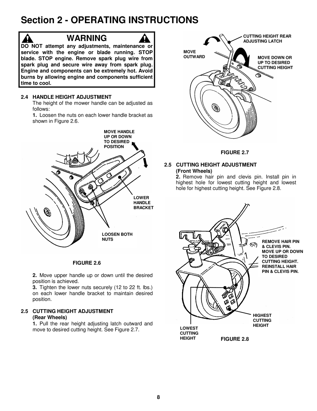 Snapper HWPS26700BV important safety instructions Handle Height Adjustment, Cutting Height Adjustment Rear Wheels 