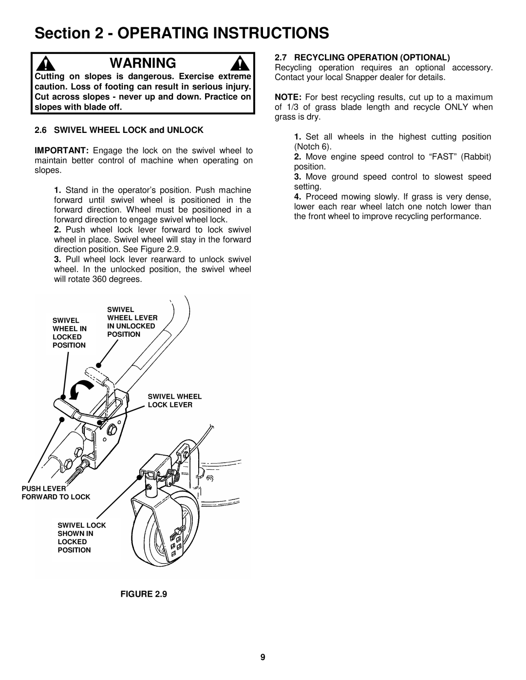 Snapper HWPS26700BV important safety instructions Recycling Operation Optional 