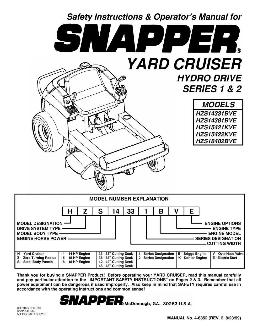 Snapper HZS14331BVE, HZS14381BVE, HZS15421KVE, HZS15422KVE, HZS18482BVE important safety instructions Yard Cruiser 