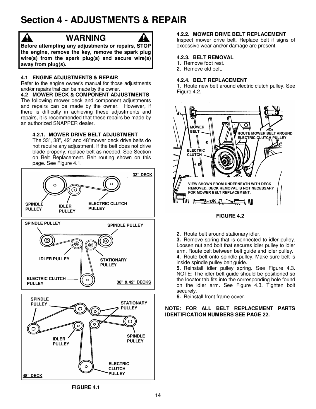 Snapper HZS14331BVE, HZS14381BVE, HZS15421KVE, HZS15422KVE, HZS18482BVE Engine Adjustments & Repair, Belt Removal 