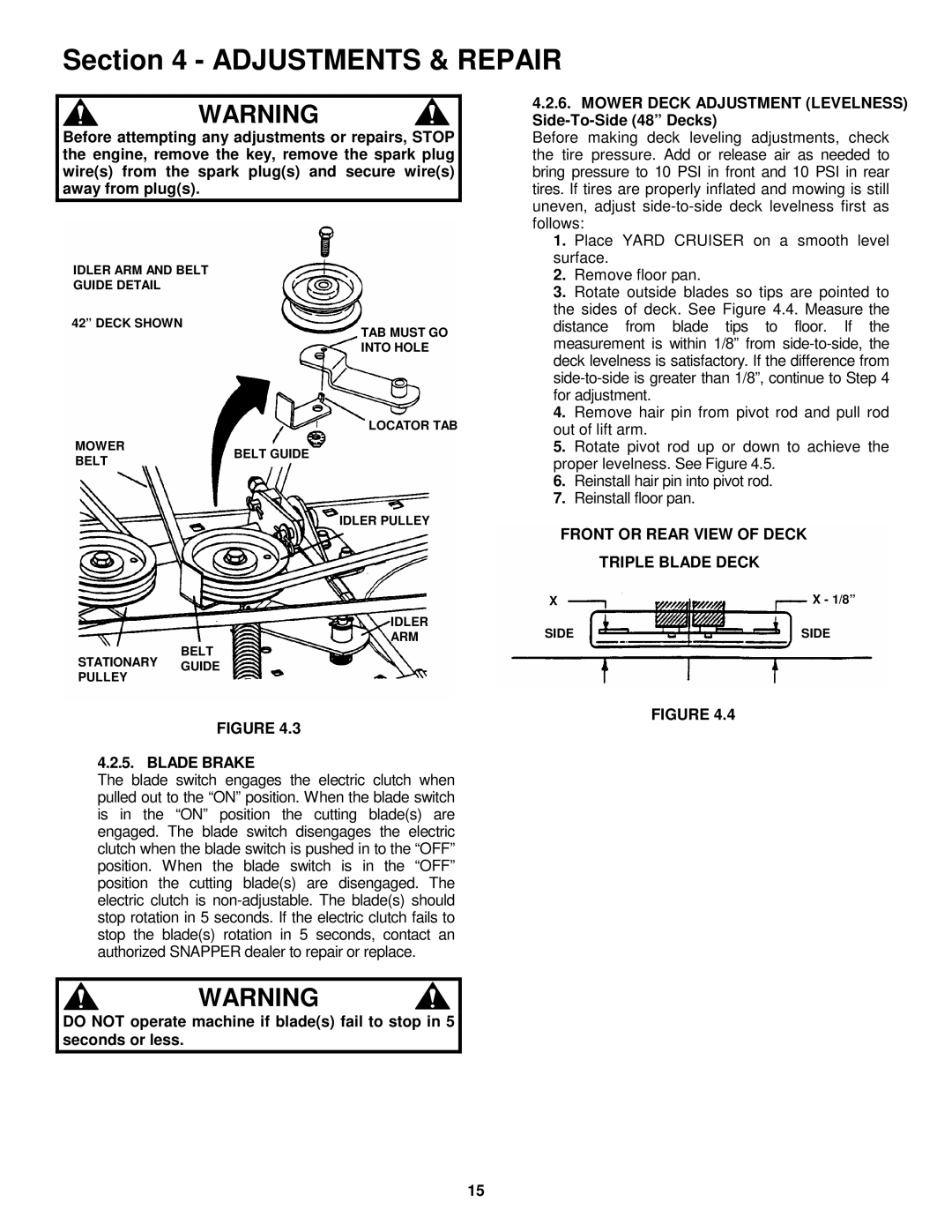 Snapper HZS14331BVE, HZS14381BVE, HZS15421KVE, HZS15422KVE, HZS18482BVE Mower Deck Adjustment Levelness, Blade Brake 