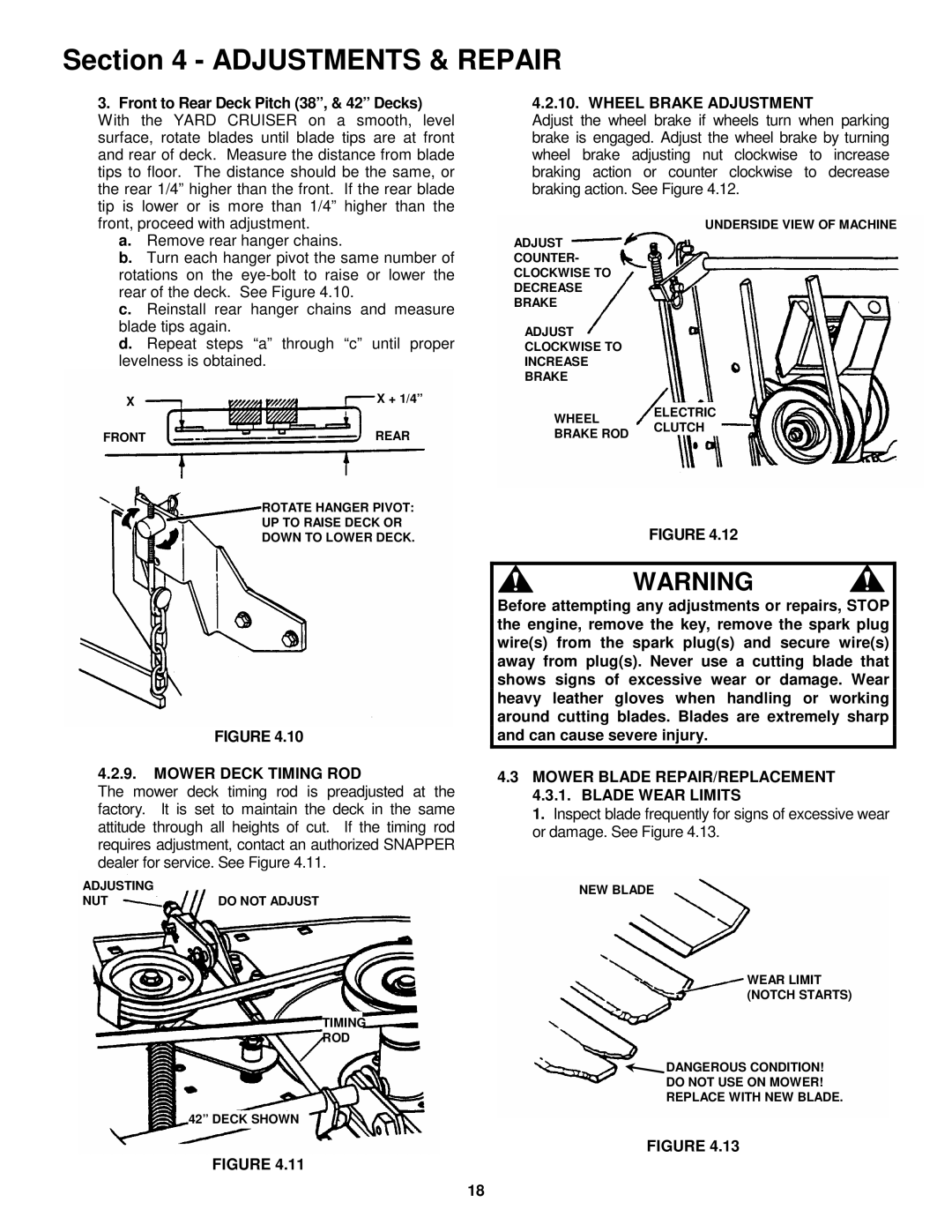 Snapper HZS14331BVE, HZS14381BVE, HZS15421KVE, HZS15422KVE, HZS18482BVE Mower Deck Timing ROD, Wheel Brake Adjustment 