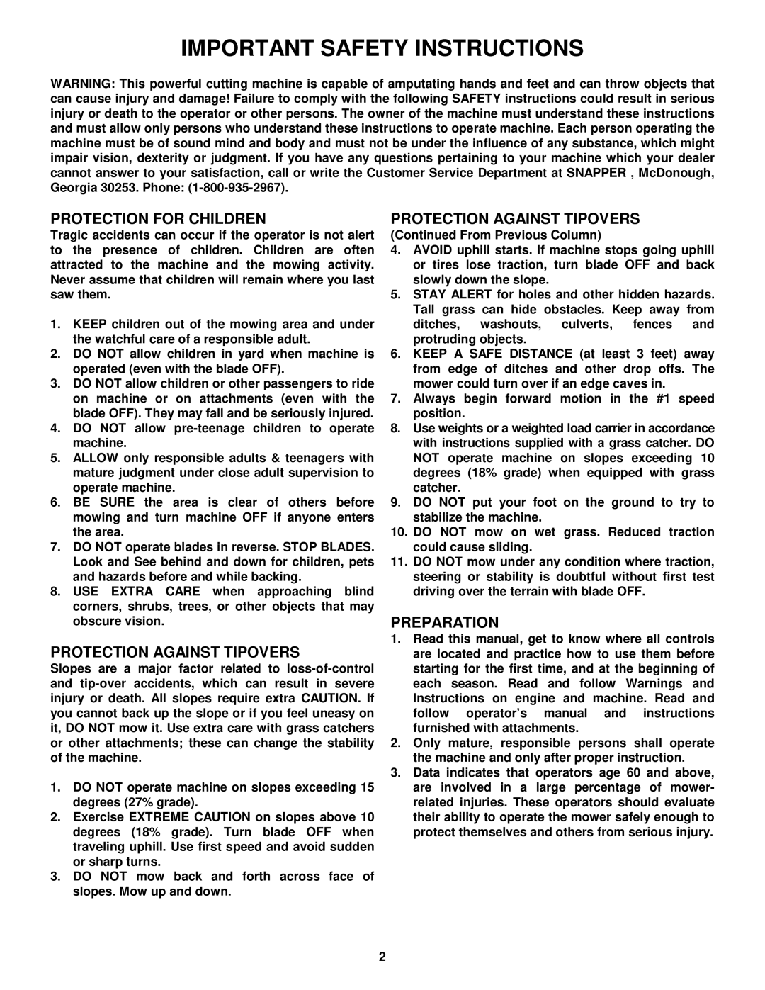 Snapper HZS14331BVE, HZS14381BVE, HZS15421KVE, HZS15422KVE, HZS18482BVE Important Safety Instructions 