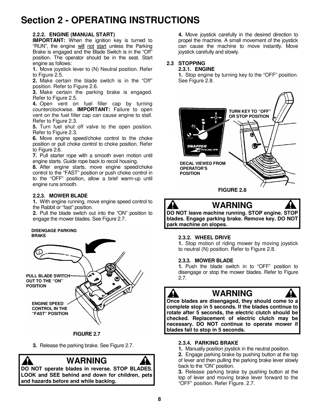 Snapper HZS14331BVE, HZS14381BVE, HZS15421KVE, HZS15422KVE, HZS18482BVE Engine Manual Start, Mower Blade, Stopping 